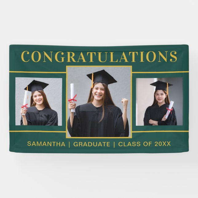 Green And Gold 3 Photo Graduation Congratulations  Banner (Horizontal)