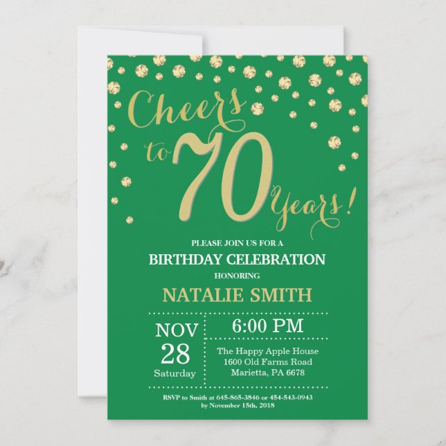 Green and Gold 70th Birthday Diamond Invitation (Front)