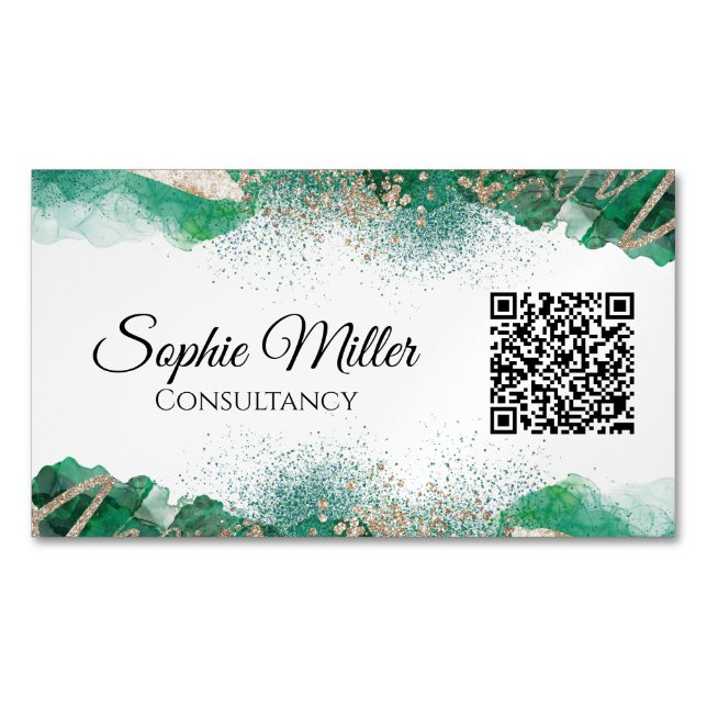 Green And Gold Abstract Modern QR Code Magnetic Business Card (Front)