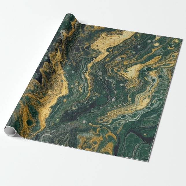 Green and Gold Acrylic Pour Seamless Wrapping Paper (Unrolled)
