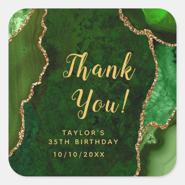 Green and Gold Agate Birthday Thank You Square Sticker (Front)