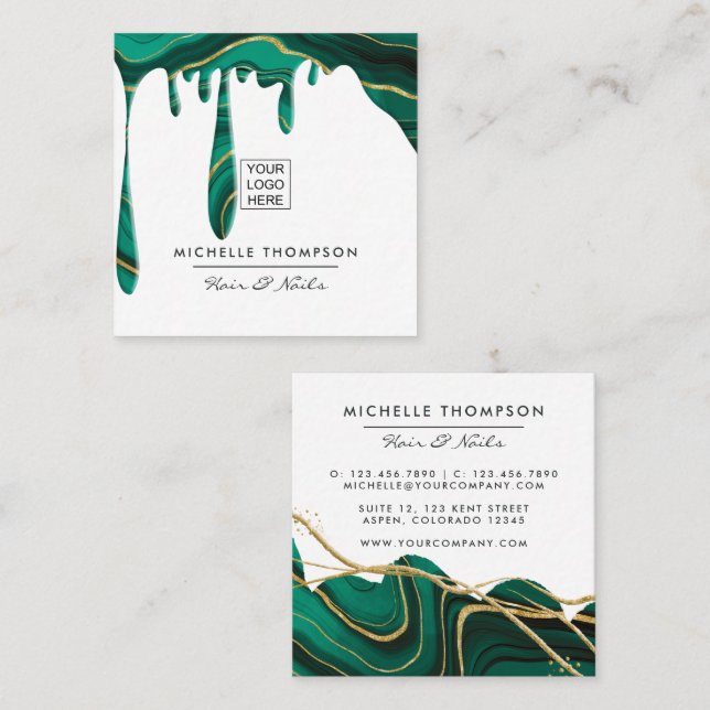 Green and Gold Agate Dripping Square Business Card (Front/Back)