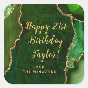 Green and Gold Agate Happy Birthday Square Sticker