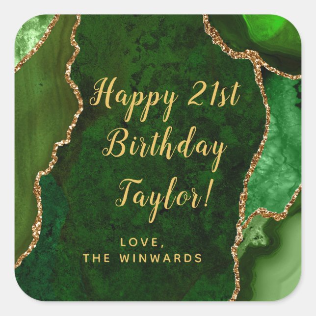 Green and Gold Agate Happy Birthday Square Sticker (Front)