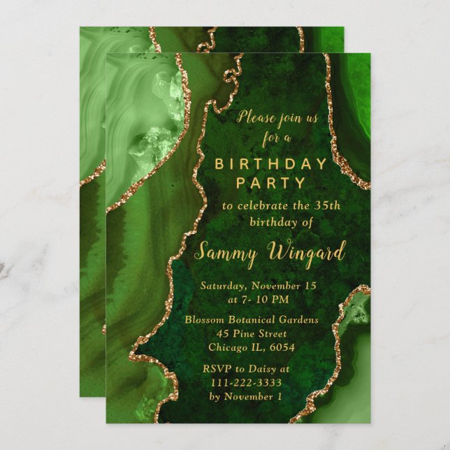Green and Gold Agate Marble Birthday Party Invitation (Front/Back)