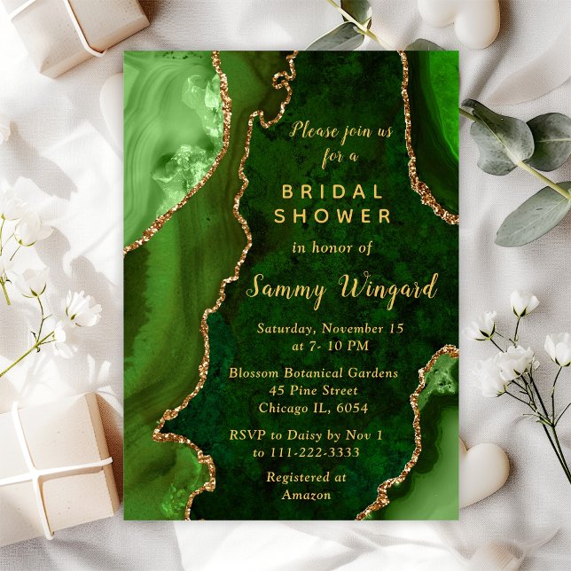 Green and Gold Agate Marble Bridal Shower Invitation (Creator Uploaded)