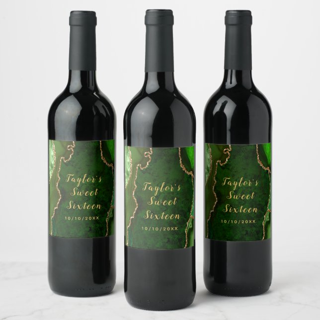 Green and Gold Agate Marble Sweet Sixteen Wine Label (Bottles)