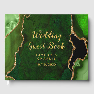 Green and Gold Agate Marble Wedding Guest Book