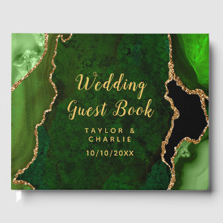 Green and Gold Agate Marble Wedding Guest Book
