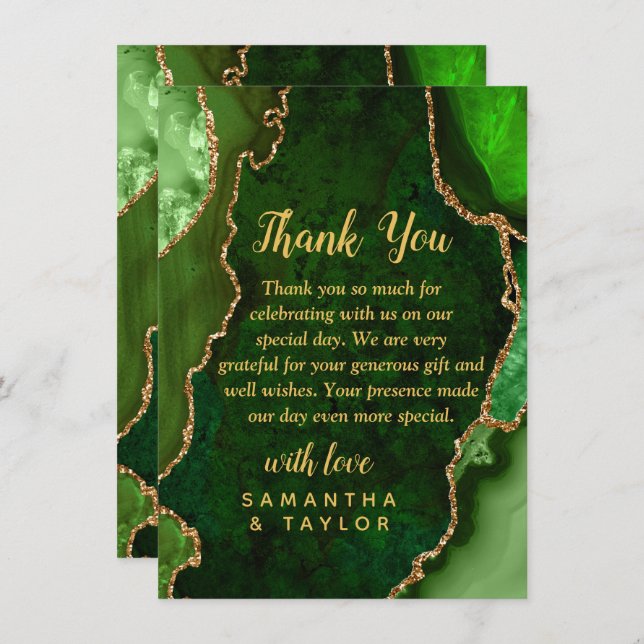 Green and Gold Agate Marble Wedding Thank You Card (Front/Back)