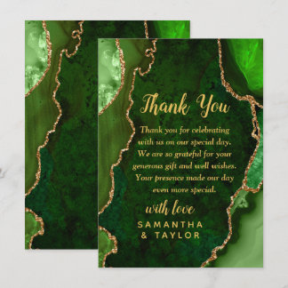 Green and Gold Agate Marble Wedding Thank You Card
