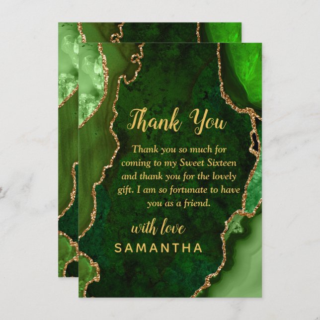 Green and Gold Agate Sweet Sixteen Thank You Card (Front/Back)