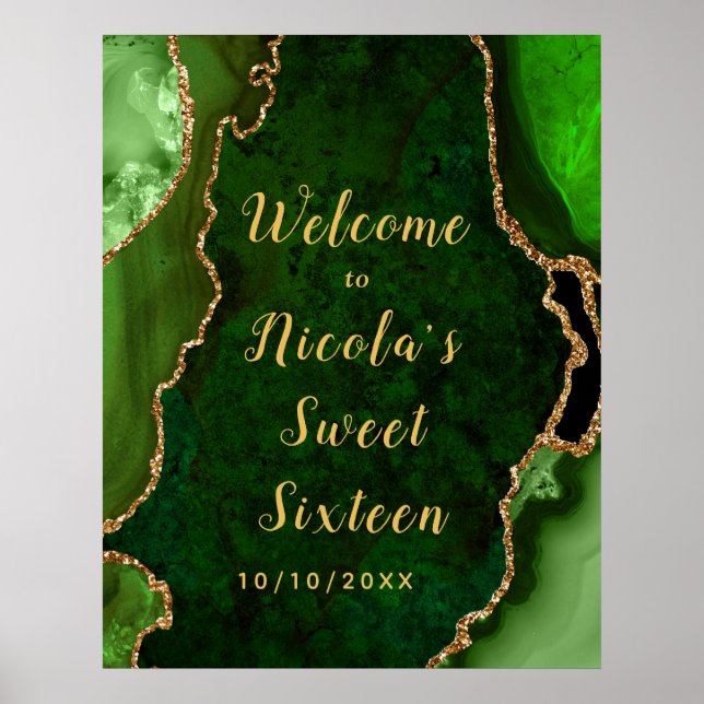 Green and Gold Agate Sweet Sixteen Welcome Poster (Front)