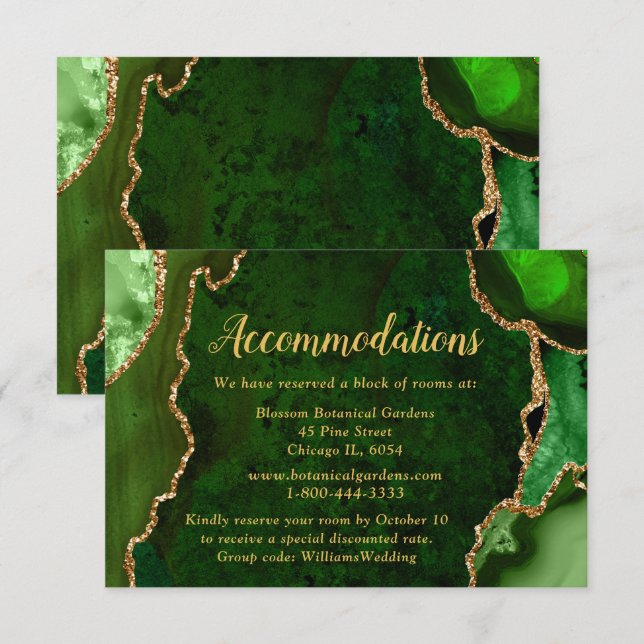 Green and Gold Agate Wedding Accommodations Enclosure Card (Front/Back)