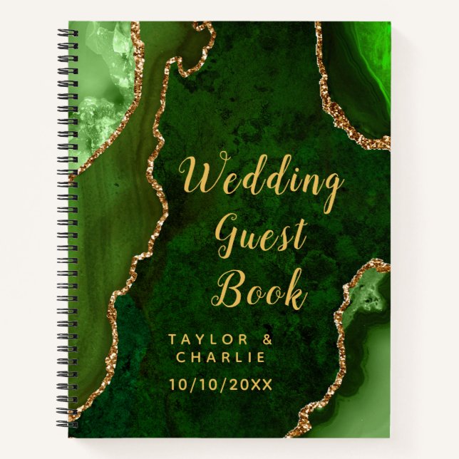 Green and Gold Agate Wedding Guest Book (Front)