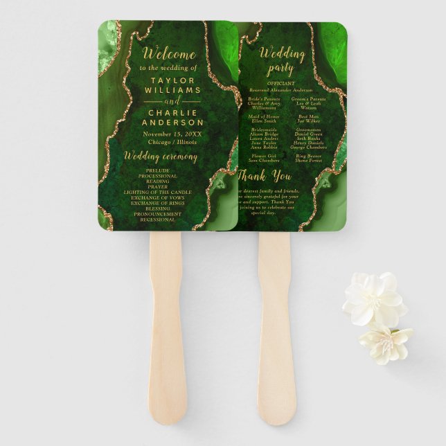 Green and Gold Agate Wedding Program Hand Fan (Front and Back)