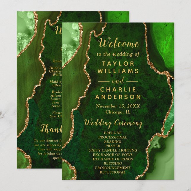 Green and Gold Agate Wedding Program Programme (Front/Back)