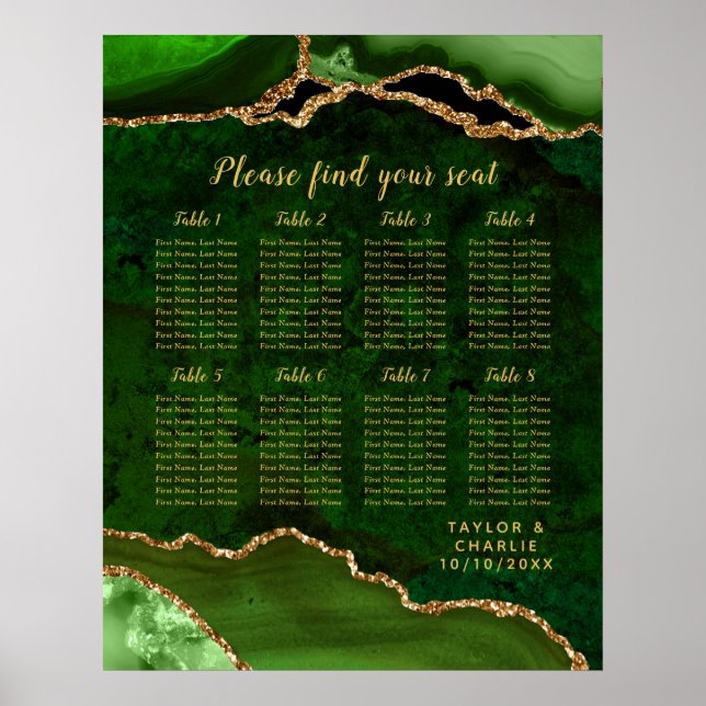 Green and Gold Agate Wedding Seating Chart (Front)