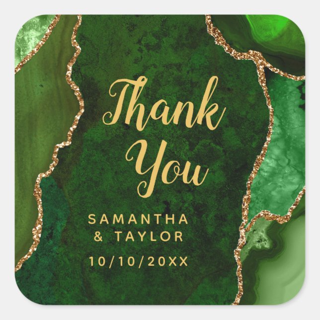 Green and Gold Agate Wedding Thank You Square Sticker (Front)