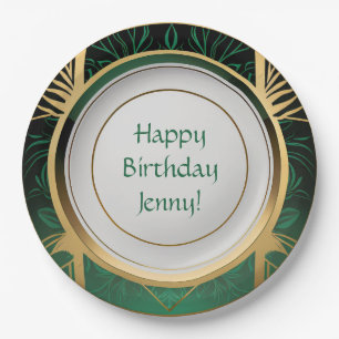 Green and Gold Art Deco Paper Plates Personalised