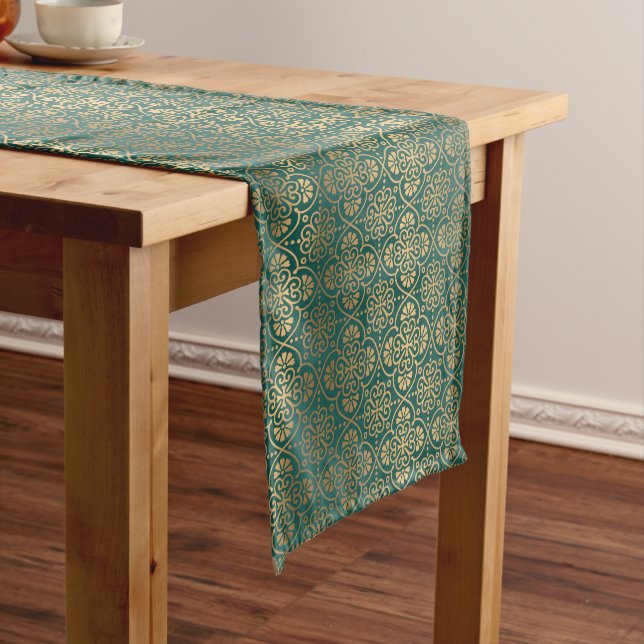 green and gold art deco pattern tiled medium table runner (In Situ)