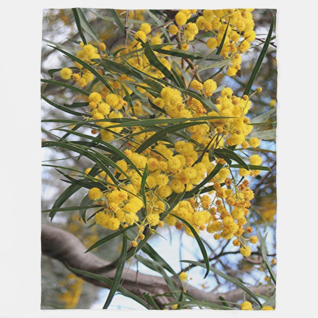 Green and gold Australian wattle blossoms Fleece Blanket (Front)