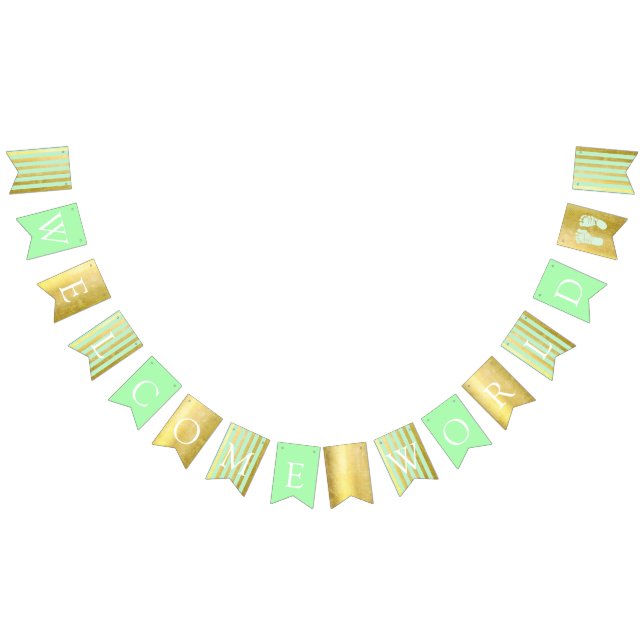 Green and Gold Baby Shower Welcome World Footprint Bunting (All)