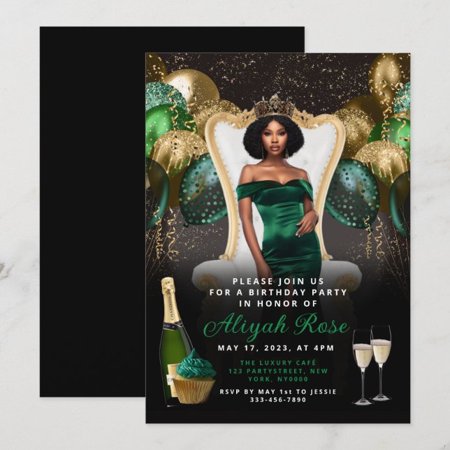 Green and Gold Balloons Royal Birthday Invitation (Front/Back)