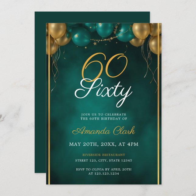 Green and Gold Balloons with Frame 60th Birthday Invitation (Front/Back)
