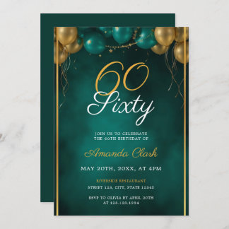 Green and Gold Balloons with Frame 60th Birthday Invitation