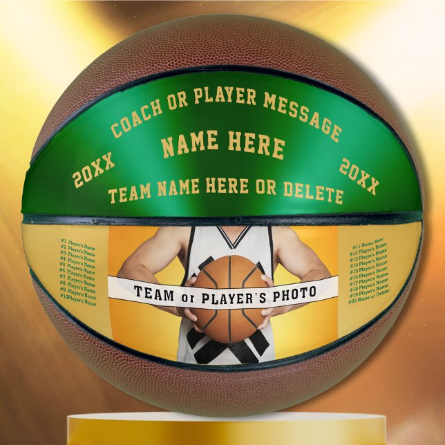 Green and Gold Basketball Ball for Coaches Seniors (Thank you gift for Coach. Senior night basketball gifts. Personalized basketball. Photo Basketball.)