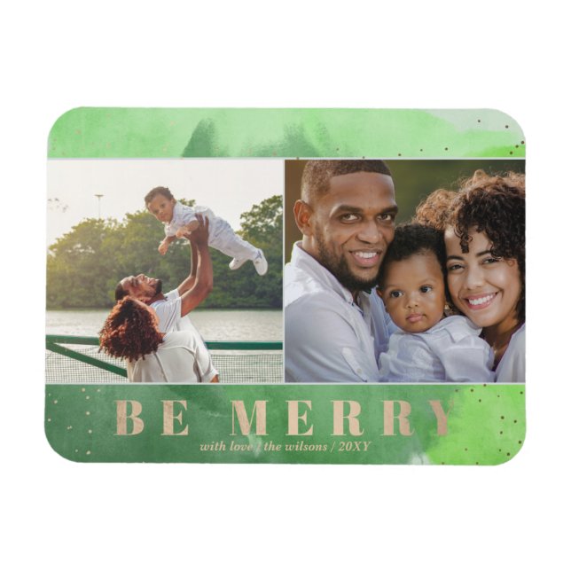 Green and Gold Be Merry Abstract Multiple photo Magnet (Horizontal)