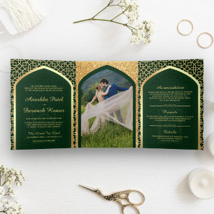 Green and Gold Bollywood Style Indian Wedding Tri-Fold Invitation