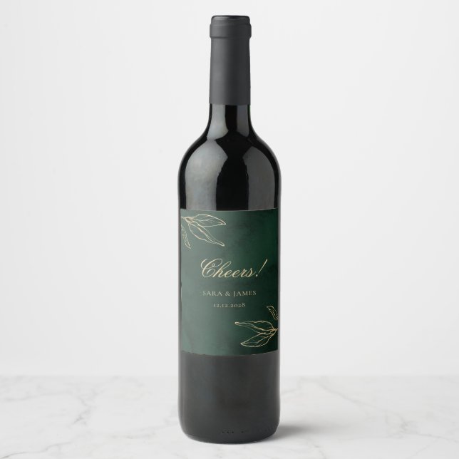 Green and Gold Botanical Leaves Wedding Wine Label (Front)