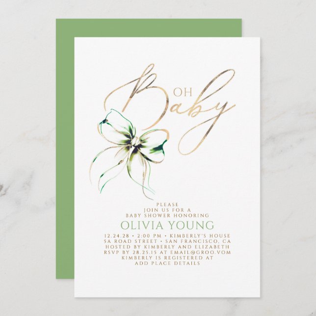 Green and Gold Bow Gender Neutral Baby Shower Invitation (Front/Back)