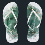 Green and Gold Bridesmaid Favour Monogram Flip Flops<br><div class="desc">You will love this tan (also available in white in my collection) background with green and gold watercolor geometric frame with gold glitter textures. Great for your wedding venues!</div>