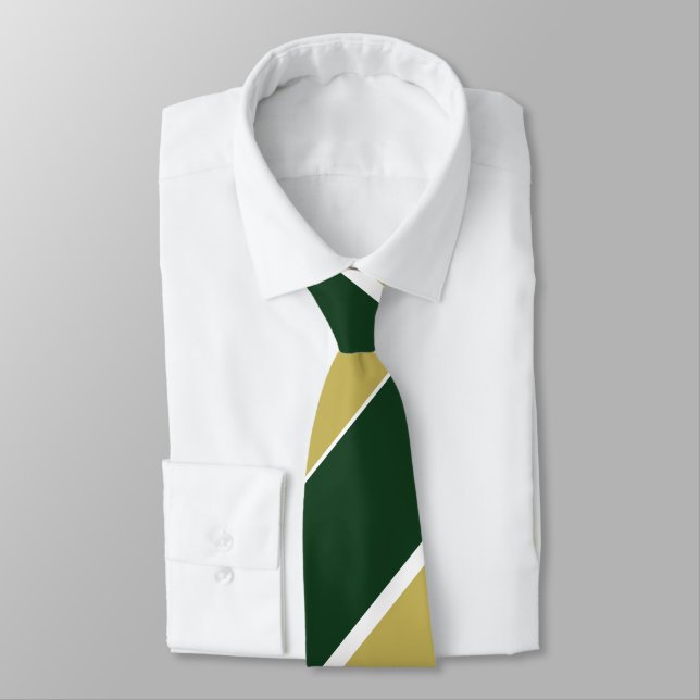 Green and Gold Broad Regimental Stripe Tie (Tied)