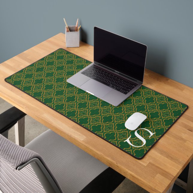 Green and Gold Brocade Monogrammed Desk Mat (Office 2)
