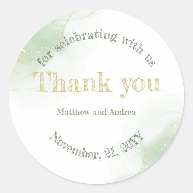 Green and Gold Calligraphy Wedding Thank you Classic Round Sticker (Front)