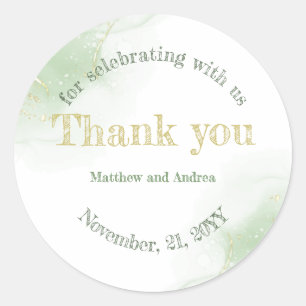 Green and Gold Calligraphy Wedding Thank you Classic Round Sticker