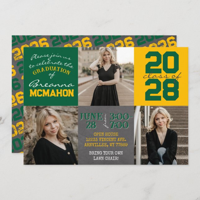 Green and Gold Chalkboard 3 Photo Graduation Invitation (Front/Back)