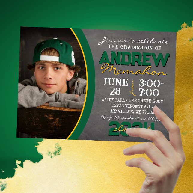 Green and Gold Chalkboard Graduation Invitation (Green and Gold 1 Photo Chalkboard Graduation Invitations)