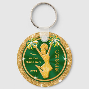 Green and Gold Cheerleader Keychains, Your TEXT Key Ring