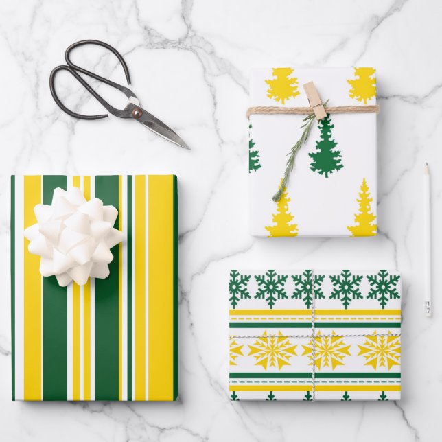 Green and Gold Christmas 3-Pack Gift Wrap (Front)