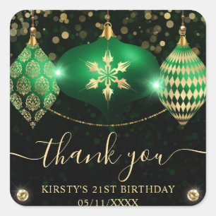 Green and Gold Christmas Baubles Birthday Square Sticker