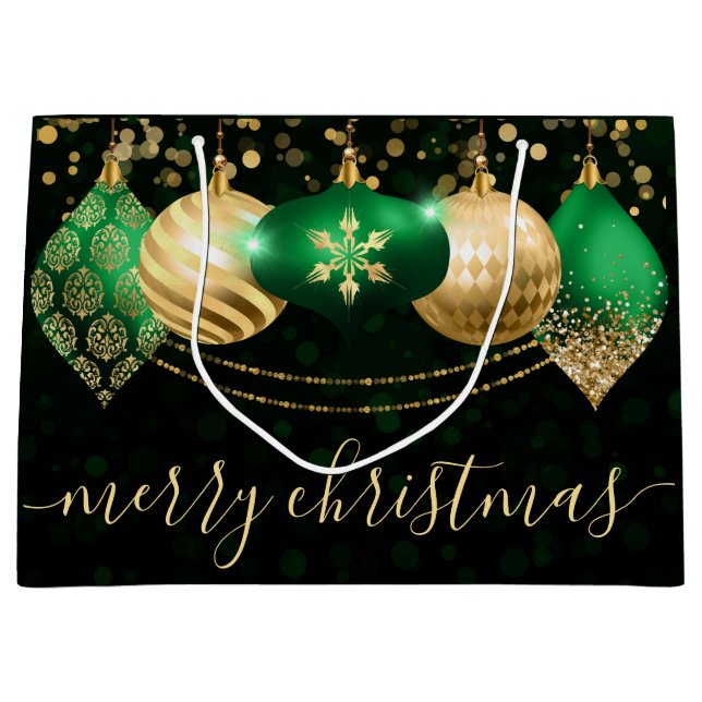 Green and Gold Christmas Baubles Christmas Large Gift Bag (Front)
