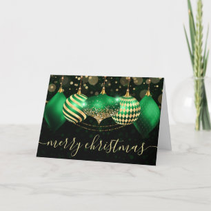 Green and Gold Christmas Baubles Ornaments Holiday Card