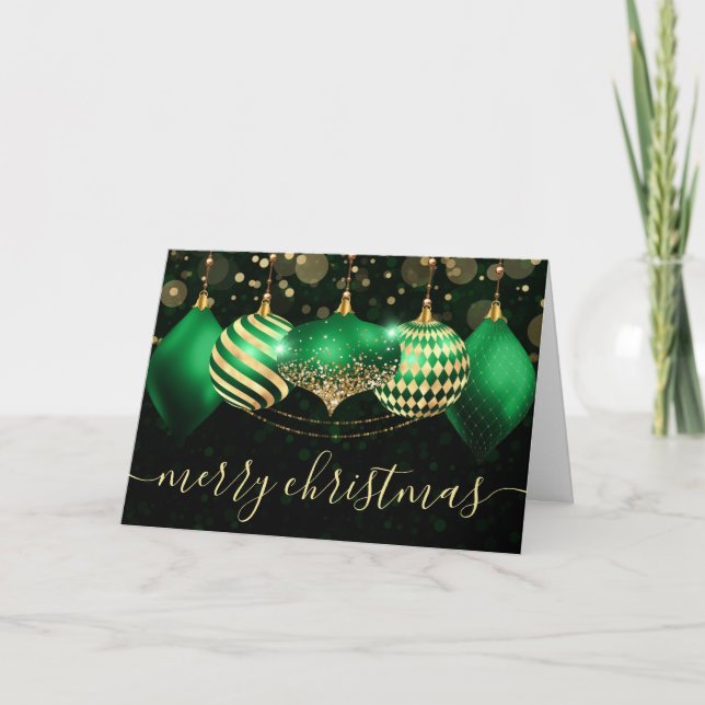 Green and Gold Christmas Baubles Ornaments Holiday Card (Front)