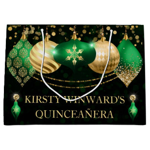 Green and Gold Christmas Baubles Quinceanera Large Gift Bag