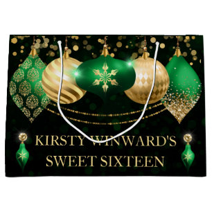 Green and Gold Christmas Baubles Sweet 16 Large Gift Bag